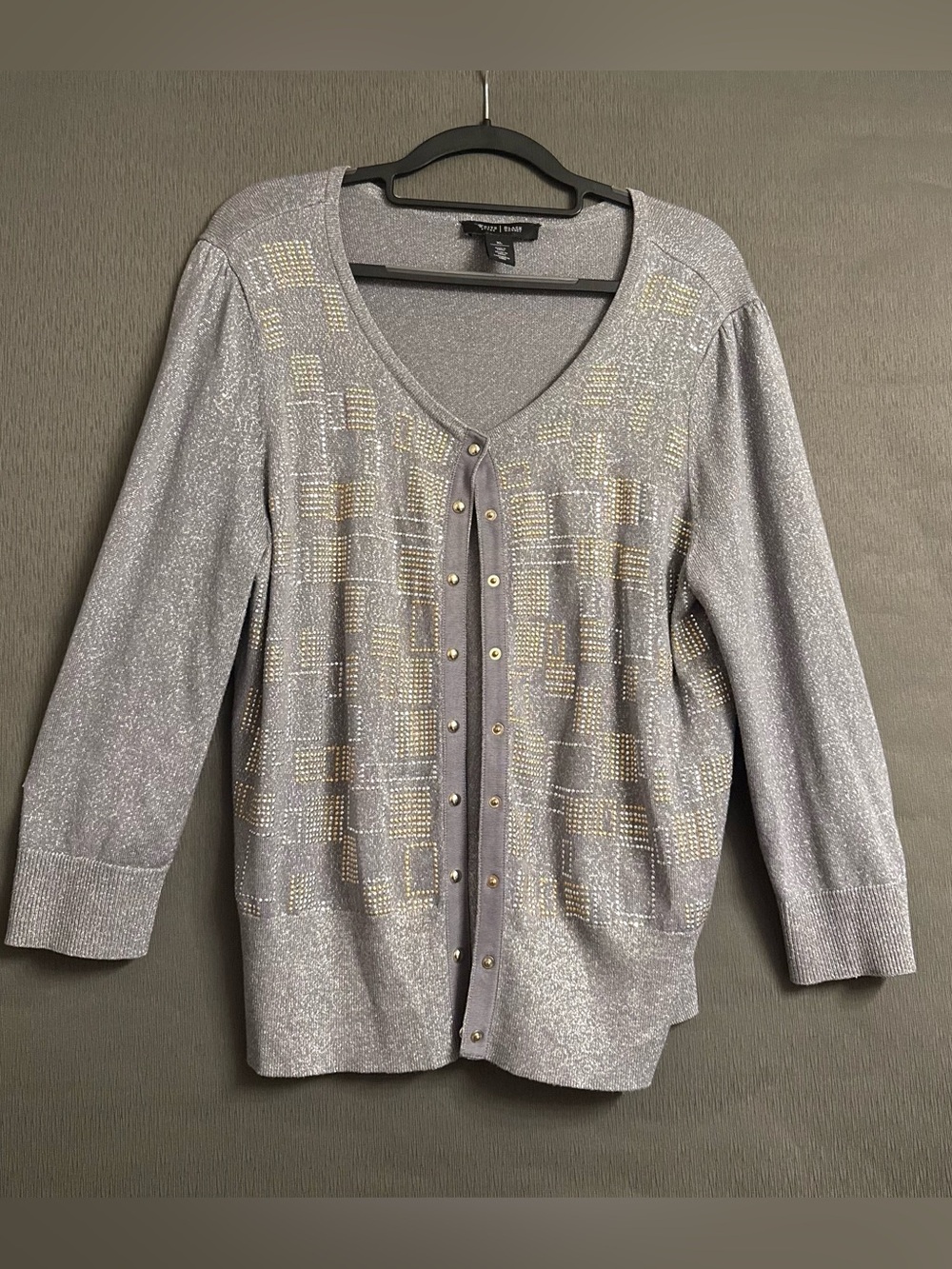 White House Black Market Silver Shimmer Embellished Snap Cardigan XL